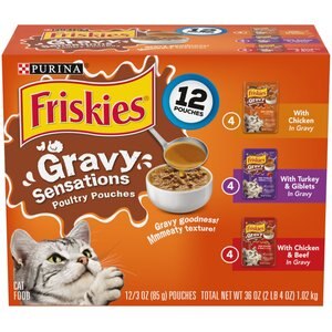Friskies Gravy Sensations Poultry Favorites Wet Cat Food Pouches, 3-oz pouch, case of 12