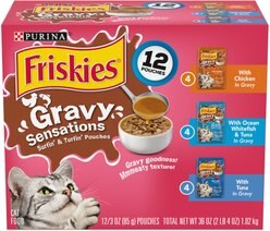 Friskies Gravy Sensations Surfin' & Turfin' Favorites Wet Cat Food Pouches, 3-oz pouch, case of 12