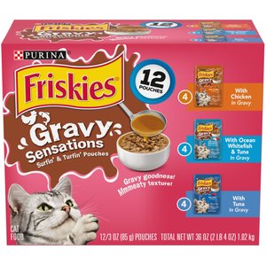 Friskies Gravy Sensations Surfin' & Turfin' Favorites Wet Cat Food Pouches, 3-oz pouch, case of 12