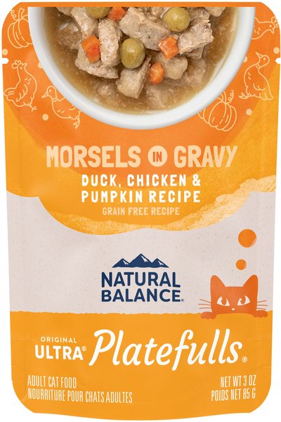 Natural Balance Platefulls Indoor Formula Duck, Chicken & Pumpkin Formula in Gravy Grain-Free Cat Food Pouches, 3-oz pouch, case of 24 slide 1 of 4