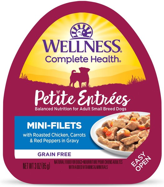Wellness Petite Entrees Mini-Filets with Roasted Chicken, Carrots & Red Peppers in Gravy Grain-Free Wet Dog Food, 3-oz tray, case of 24 slide 1 of 9
