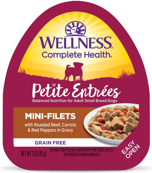 Wellness Petite Entrees Mini-Filets with Roasted Beef, Carrots & Red Peppers in Gravy Grain-Free Wet Dog Food, 3-oz, case of 24 slide 1 of 9