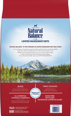 Show full view: Natural Balance L.I.D. Limited Ingredient Diets Grain-Free Sweet Potato & Bison Formula Dry Dog Food, 26-lb bag slide 3 of 7