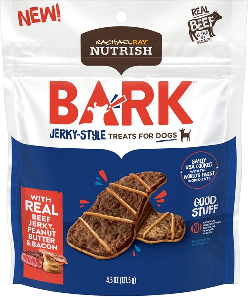 Rachael Ray Nutrish Bark Real Beef Jerky, Peanut Butter & Bacon Dog Treats, 4.5-oz pouch, case of 5 slide 1 of 8