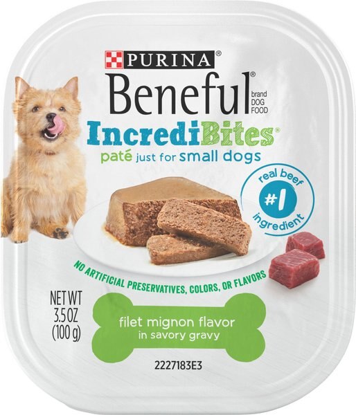 Purina Beneful IncrediBites Filet Mignon Flavor in a Savory Gravy Pate Small Wet Dog Food, 3.5-oz can, case of 12 slide 1 of 9