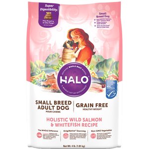 Halo Holistic Wild Salmon & Whitefish Small Breed Dog Food Recipe Healthy Weight, Dry Dog Food Bag, 4-lb bag 