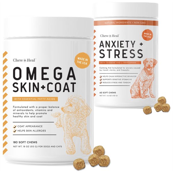 Chew + Heal Anxiety & Stress, 60 count + Omega Skin + Coat Dog Supplement, 180 count slide 1 of 9
