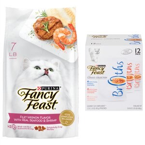 Fancy Feast Classic Collection Broths Variety Pack Complement Wet Food + Gourmet Filet Mignon Flavor with Real Seafood & Shrimp Dry Cat Food, 7-lb bag