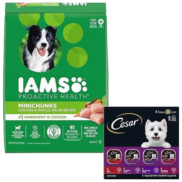 Iams MiniChunks Small Kibble High Protein Dry Food + Cesar Classic Loaf in Sauce Beef Recipe, Filet Mignon, Grilled Chicken, & Porterhouse Steak Flavors Variety Pack Dog Food slide 1 of 9