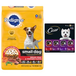Pedigree Small Dog Complete Nutrition Grilled Steak & Vegetable Flavor Dry Food + Cesar Classic Loaf in Sauce Beef Recipe, Filet Mignon, Grilled Chicken, & Porterhouse Steak Flavors Variety Pack Dog Food