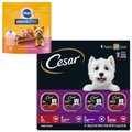 Pedigree Dentastix Dual Flavored Bacon & Chicken Flavored Mini Dental Treats + Cesar Classic Loaf in Sauce Beef Recipe, Filet Mignon, Grilled Chicken, & Porterhouse Steak Flavors Variety Pack Dog Food Tray