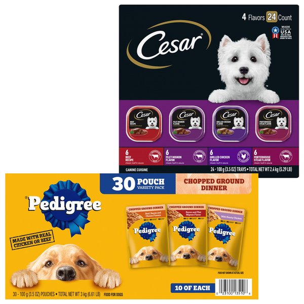 Pedigree Chopped Ground Dinner Variety Pack Wet Food + Cesar Classic Loaf in Sauce Beef Recipe, Filet Mignon, Grilled Chicken, & Porterhouse Steak Flavors Variety Pack Dog Food slide 1 of 9