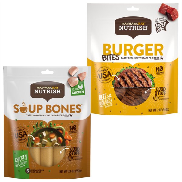 Rachael Ray Nutrish Burger Bites, Beef Burger with Bison + Soup Bones Chicken & Veggies Flavor Dog Treats slide 1 of 9