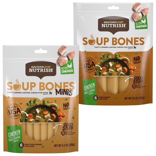 Rachael Ray Nutrish Soup Bones Chicken & Veggies Flavor + Soup Bones Minis Chicken & Veggies Flavor Dog Chew Treats slide 1 of 9