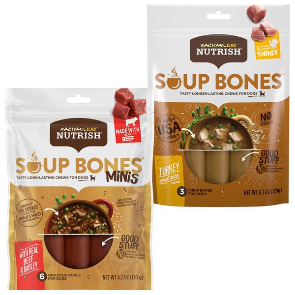 Rachael Ray Nutrish Soup Bones Minis Beef & Barley Flavor + Soup Bones Turkey & Rice Flavor Dog Chew Treats slide 1 of 9