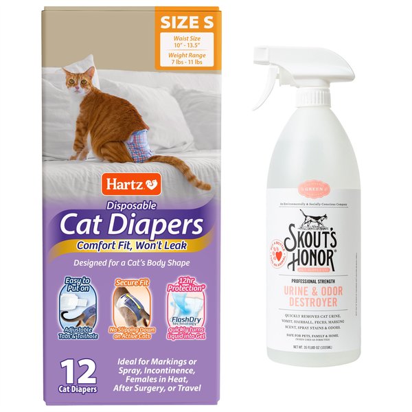 Skout's Honor Professional Strength Cat Urine & Odor Destroyer + Hartz Disposable Cat Diaper, 12 count, Small slide 1 of 9