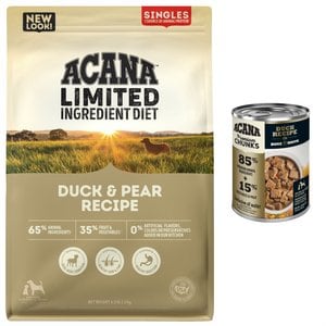 ACANA Premium Chunks Duck Recipe in Bone Broth Wet Food + Singles Limited Ingredient Duck & Pear Dry Dog Food