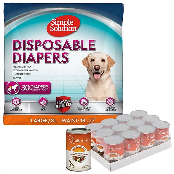 Simple Solution Disposable Female Diapers, Large/X-Large, 30 count + Fruitables Pumpkin SuperBlend Digestive Dog & Cat Supplement, 15-oz, case of 12 slide 1 of 9