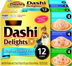 Inaba Dashi Delight Seafood Flavored Variety Pack Bits in Broth Cat Food Topping, 2.5-oz cup, case of 12