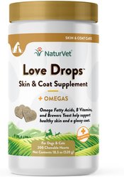 NaturVet Love Drops Plus Omegas Peanut Butter Flavored Chewable Tablets Skin & Coat Supplement for Cats & Dogs, 200 count