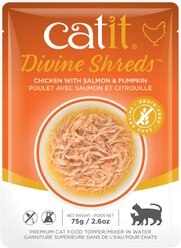 Catit Divine Shreds Chicken with Salmon & Pumpkin Cat Topping, 2.65-oz bag