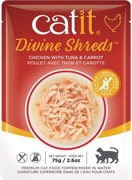 Catit Divine Shreds Chicken with Tuna & Carrot Cat Topping, 2.65-oz bag