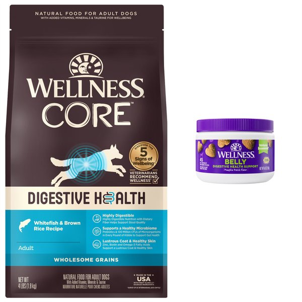 Wellness Belly Digestive Health Support Pumpkin Flavor Chew Supplements + CORE Wholesome Grains Whitefish & Brown Rice Recipe Dry Dog Food slide 1 of 9