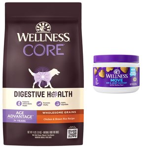 Wellness Move Hip & Joint Support Chicken Flavor Chew Supplements + CORE Digestive Health Age Advantage Senior Chicken & Brown Rice Dry Dog Food