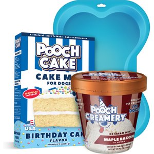 Pooch Cake Basic Starter Plus Birthday Cake Mix with Cake Mold Kit & Pooch Creamery Maple Bacon Ice Cream Dog Birthday Cake, 10-oz box