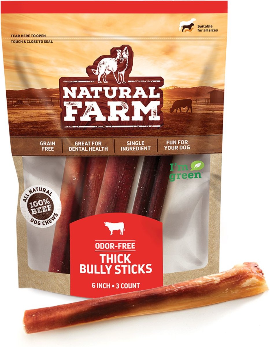 NATURAL FARM OdorFree Extra Thick Bully Sticks Dog Treats, 6in, 3
