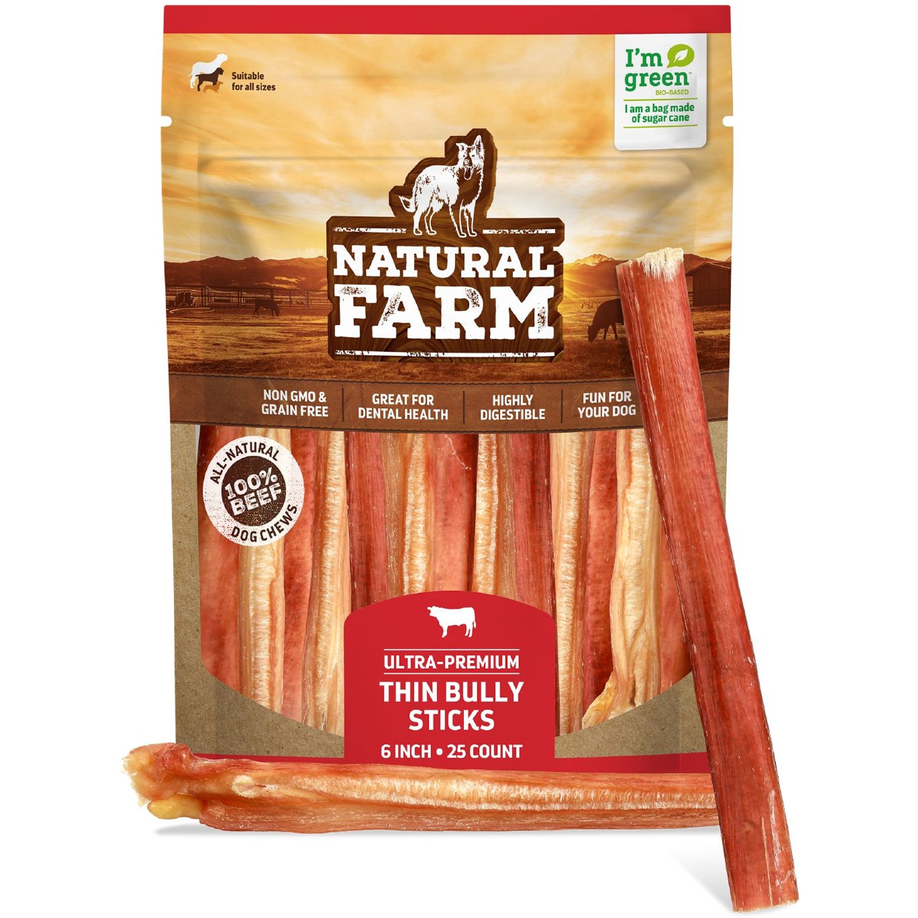 Natural Farm Odor-Free Thin Bully Sticks Dog Treats, 6-in, 25 count