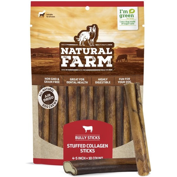 NATURAL FARM Bully Sticks Stuffed Collagen Dog Treats, 4in, 10 count