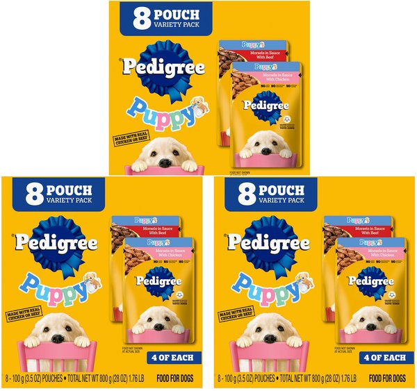 PEDIGREE Puppy Variety Pack Morsels in Sauce with Beef Chicken Wet Dog Food Pouches 3.5 oz pouch pack of 24 Chewy