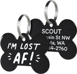 GoTags I'm Lost AF! Personalized Dog ID Tag, Black Steel, Bone, Regular