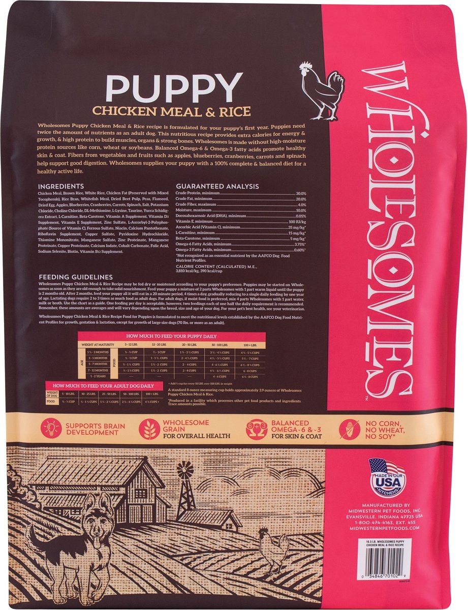 WHOLESOMES Puppy Chicken & Rice Dry Dog Food, 16.5-lb bag - Chewy.com