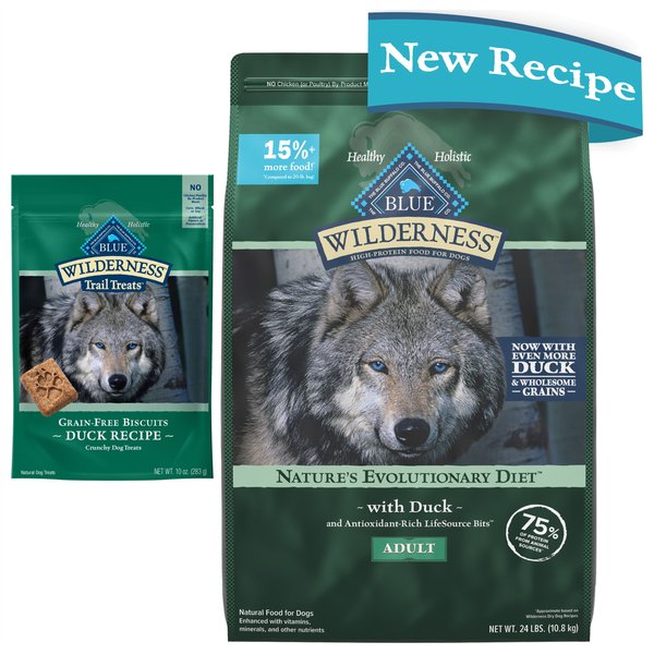 Blue Buffalo Wilderness Duck Dry Food + Trail Treats Duck Biscuits Dog Treats slide 1 of 9