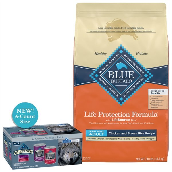 Blue Buffalo Wilderness Beef & Salmon Variety Pack Wet Food + Life Protection Formula Large Breed Chicken & Brown Rice Recipe Dry Dog Food slide 1 of 9