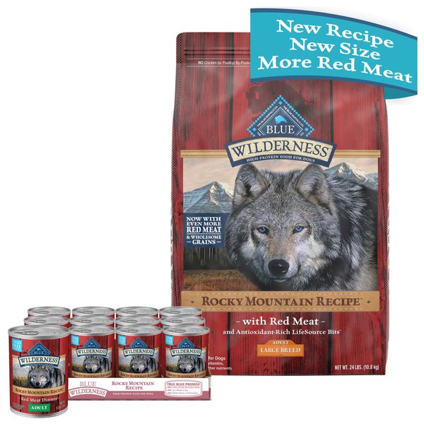 Blue Buffalo Wilderness RMR Red Meat Large Breed Dry Food + Rocky Mountain Recipe Red Meat Dinner Canned Dog Food slide 1 of 9