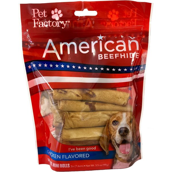 Pet Factory American Beefhide 3 to 3.5-inch Mini Rolls Chicken Flavored Chewy Dog Treats, 14 count