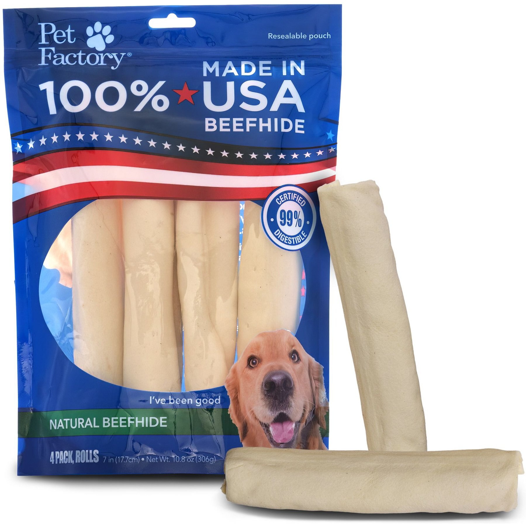 PET FACTORY Beefhide 7inch Rolls Natural Flavored Chewy Dog Treats, 4