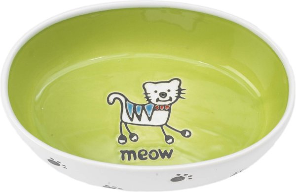 PetRageous Designs Silly Kitty Oval Ceramic Cat Bowl, White & Lime Green, 2-cup slide 1 of 4