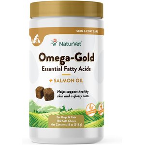 NaturVet Omega-Gold Plus Salmon Oil Soft Chews Skin & Coat Supplement for Dogs, 180 count