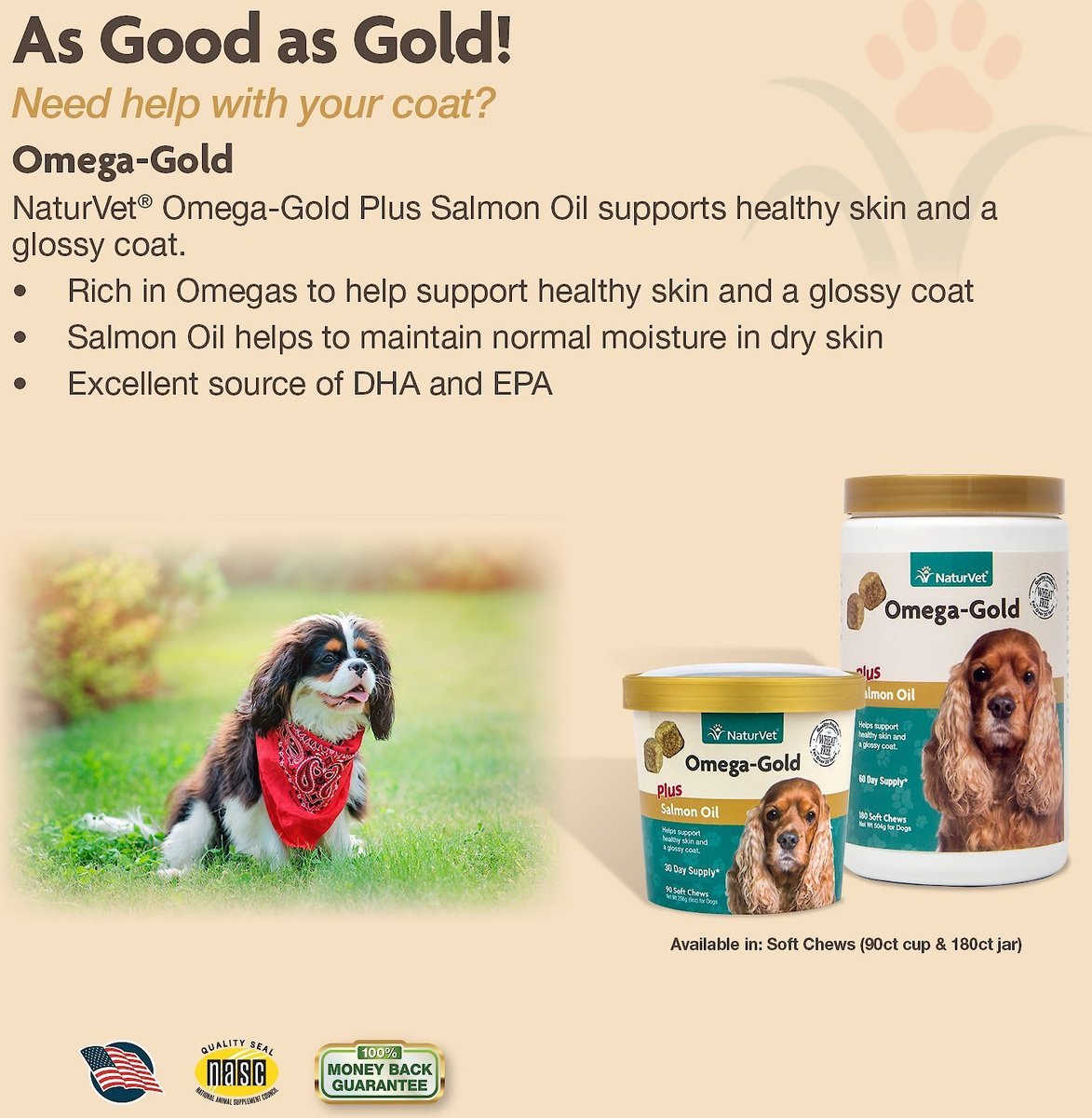 NaturVet Omega Gold Plus Salmon Oil Soft Chews Skin Coat Supplement for Dogs Cats