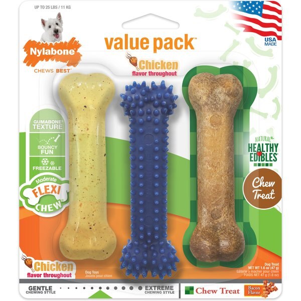 NYLABONE Healthy Edible Flexi Chew Value Pack Bacon & Chicken Flavor Dog Chew Toy, Small
