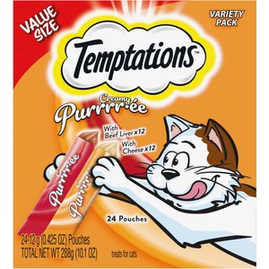Temptations Creamy Puree with Beef Liver & Cheese Variety Pack Lickable Cat Treats, 12-gm pouch, 72 count