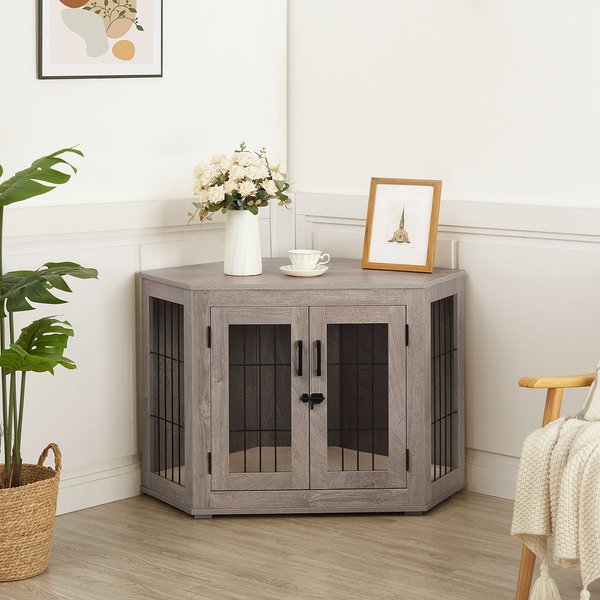 Unipaws Furniture Corner Dog Crate with Cushion, Weathered Grey, Medium slide 1 of 7