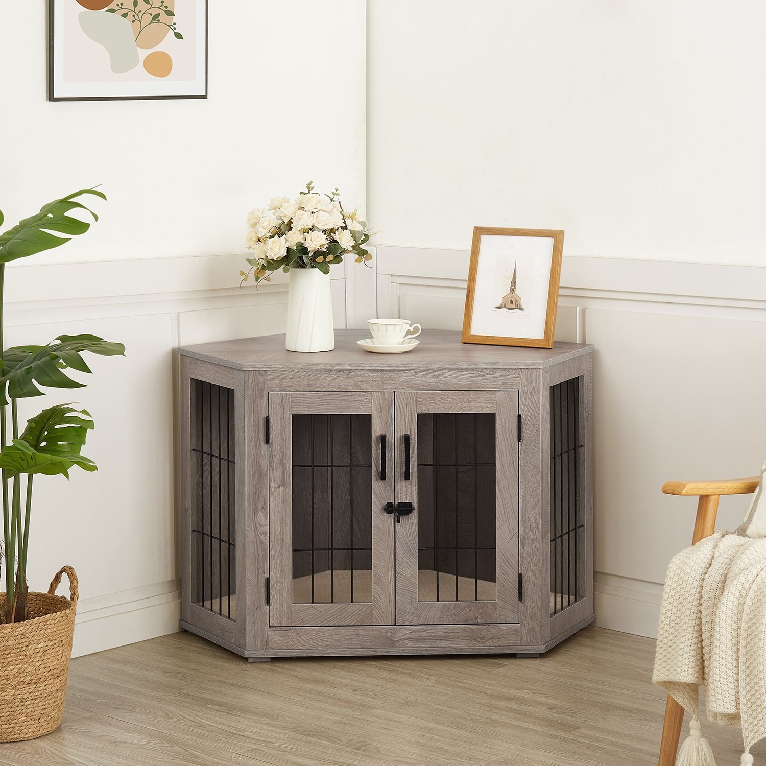 UNIPAWS Furniture Corner Dog Crate with Cushion, Weathered Grey