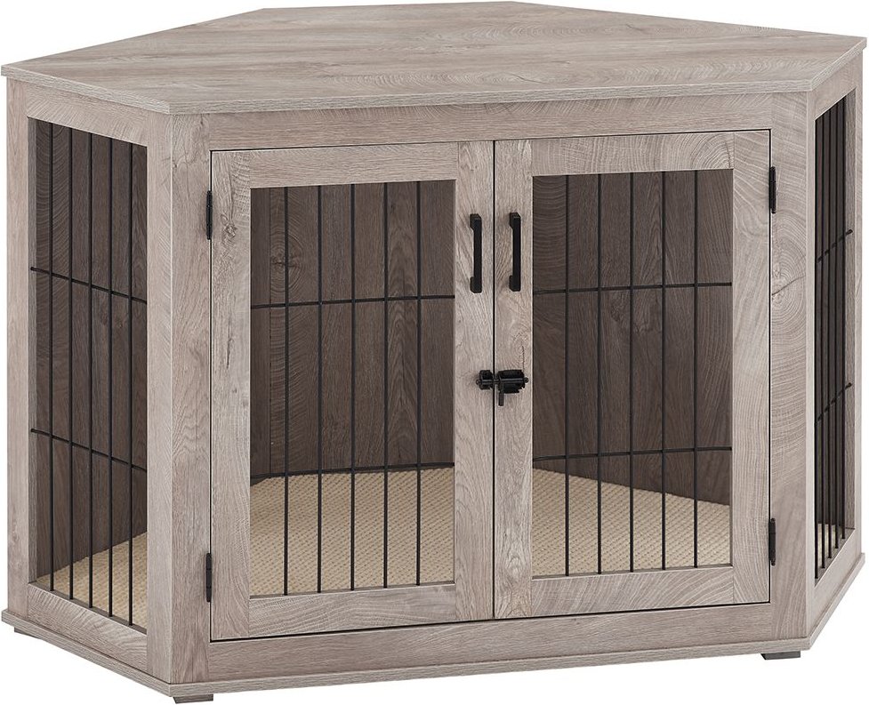 UNIPAWS Furniture Corner Dog Crate with Cushion, Weathered Grey, Large