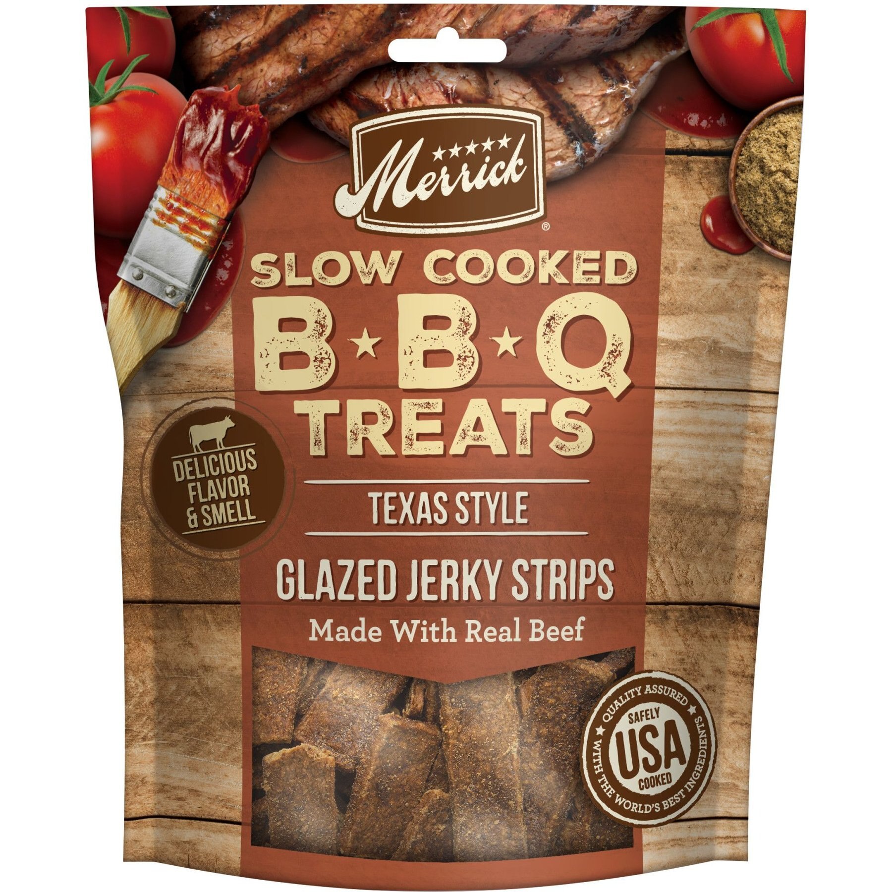 MERRICK Slow Cooked BBQ Beef Texas Style Glazed Jerky Strips Dog Treats