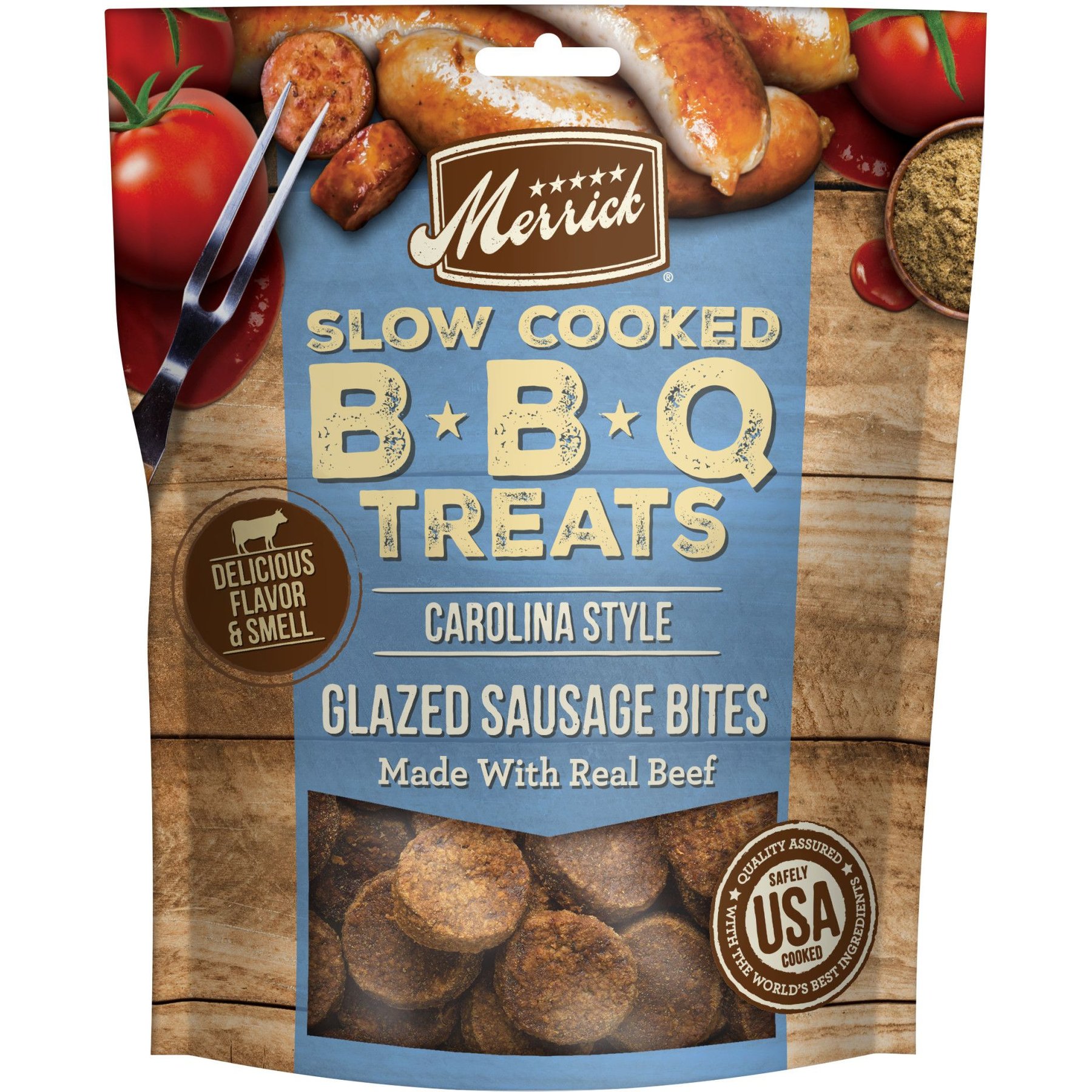 Merrick Slow Cooked BBQ Beef Carolina Style Glazed Sausage Bites Jerky Dog Treats, 10-oz pouch